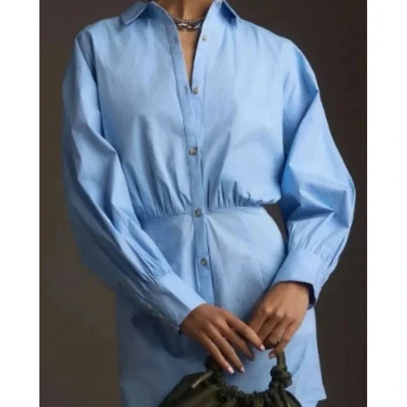 NWT Anthropologie Maeve Poplin Mini Shirt Dress Sz XL Sky Blue Long Sleeve $148 - Picture 2 of 15